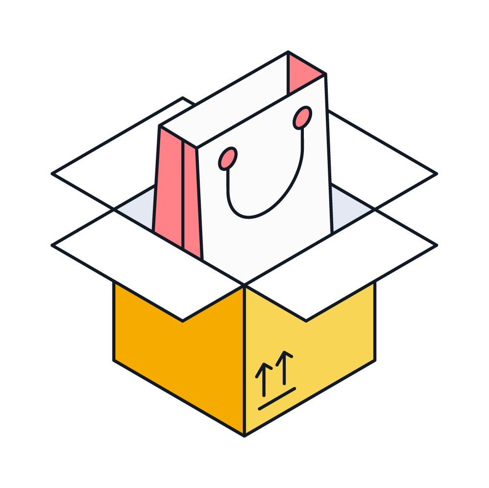 Ilustración vectorial de una bolsa de papel, dentro de una caja de envíos paquetería.