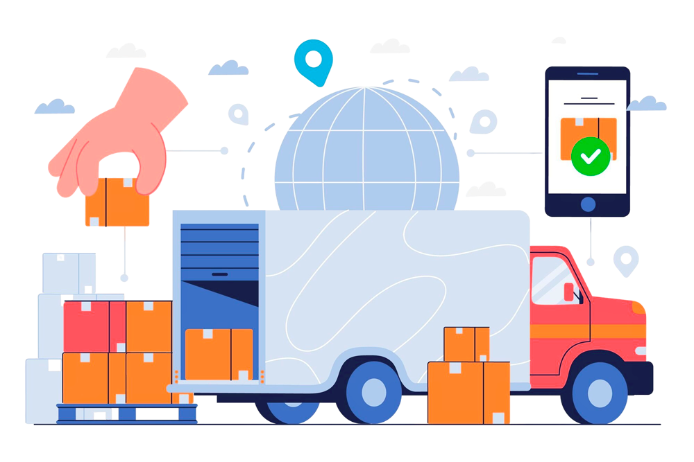 Ilustración vectorial de un camión de reparto con varios elementos flotando al rededor